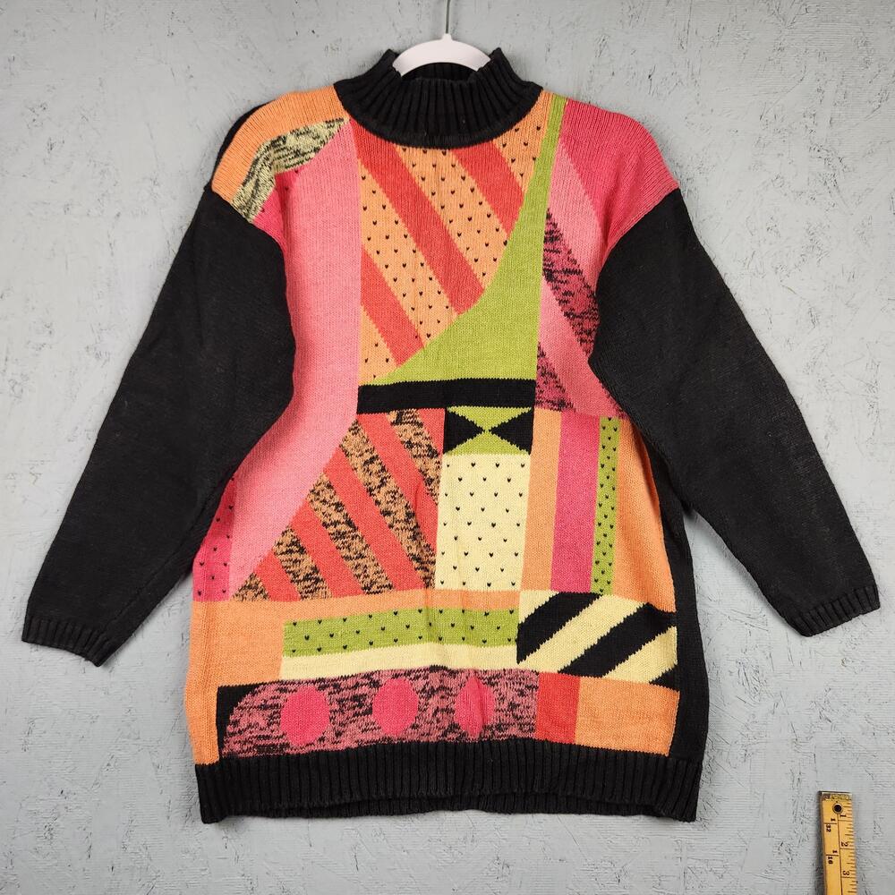 Vintage Color Cues Sweater Womens Large Mock Neck Abstract Geometric Knit 90s